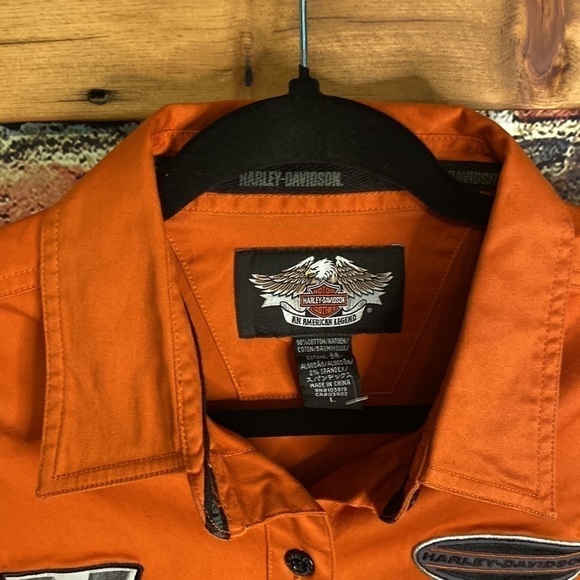 Harley Davidson Orange Women’s Short Sleeve Button Up Shirt with Logos Size M/L - Picture 11 of 15